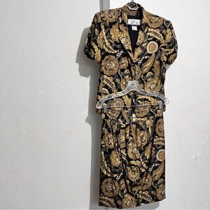 Genny vintage suit set rare print silk gold black: Box 0012: